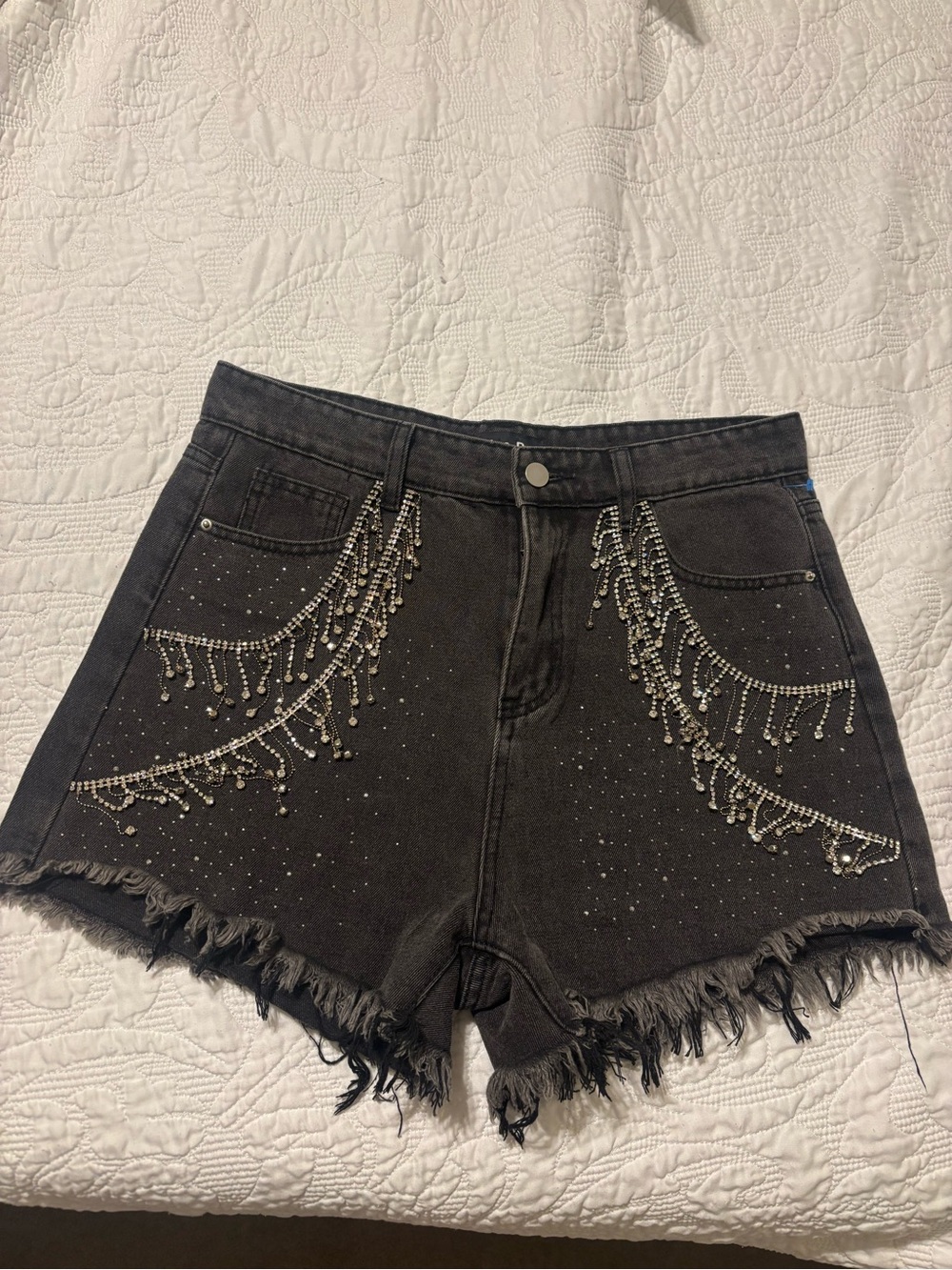 Blue B Collection size Large Embellished Black Denim Fringe Hem Shorts